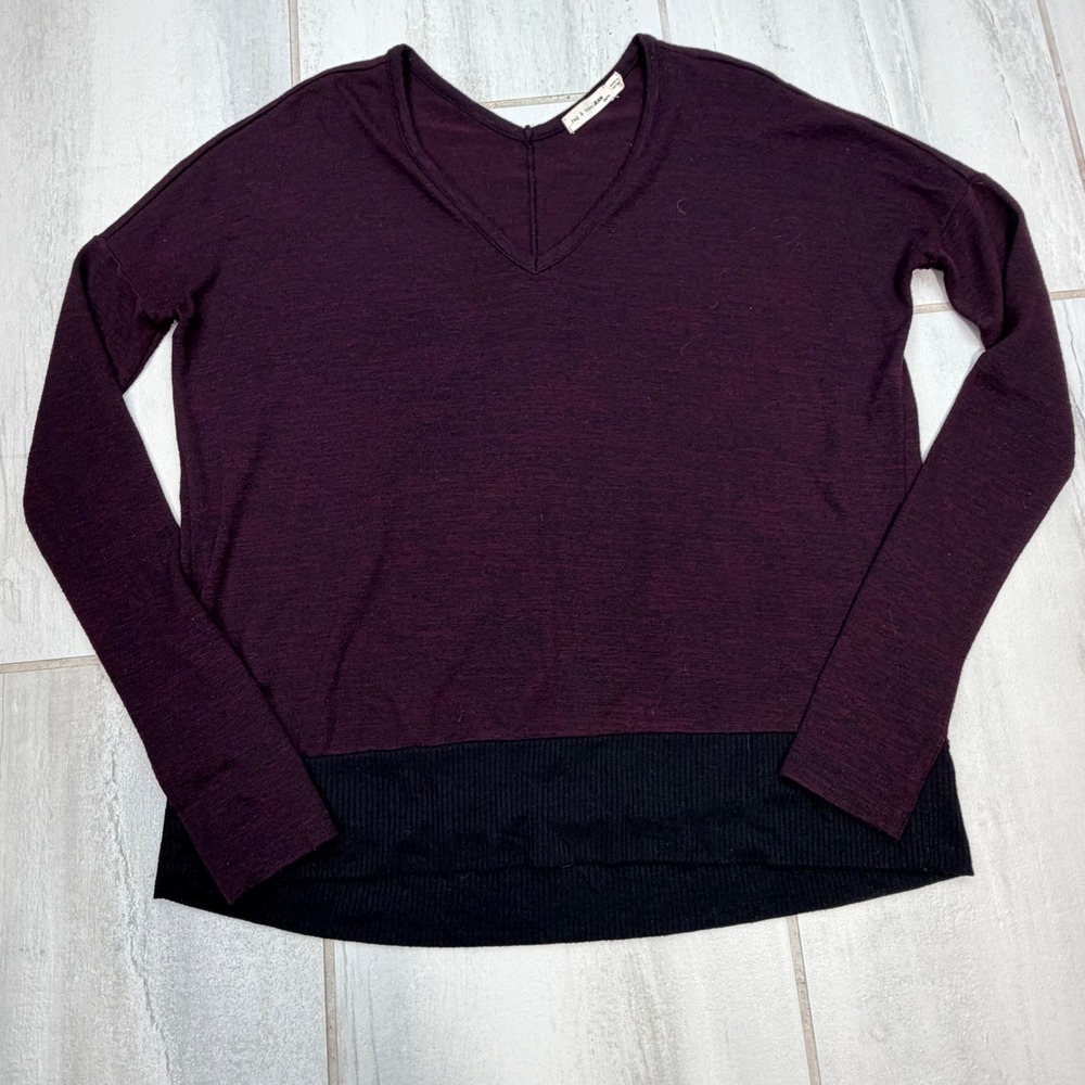 rag & bone JEAN Burgundy V Neck Long Sleeve Contrast Hem Top XS